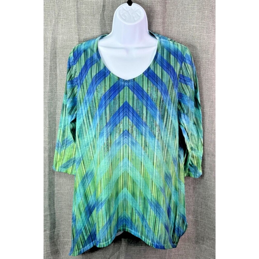 Chico's 3/4 Sleeve Sharkbite Hem Tunic Size 1 Medium Blue Green Shimmer